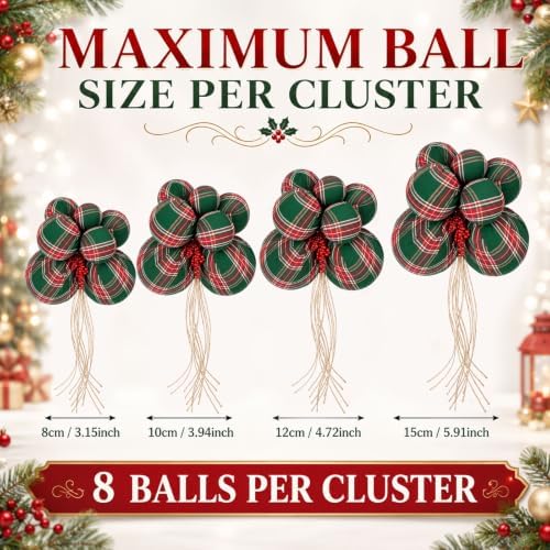 4 Set Large Green Buffalo Plaid Christmas Ball Cluster Fabric Ball Ornament - Image 2