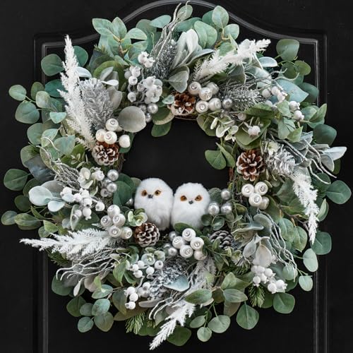 Winter Wreath for Front Door, 24 Inch Christmas Wreath with Owl Decor, Pine Cones, and Evergreen Greenery, Festive Winter Door Decor, Artificial Holiday Farmhouse Rustic Wreath by PureCosy