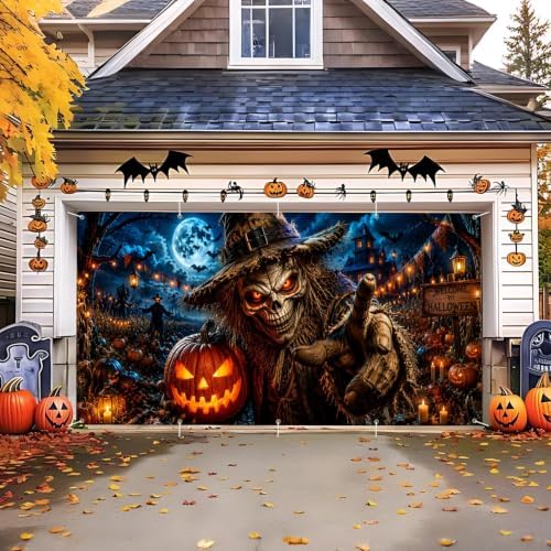 Halloween Garage Door Banner 7x16 FT - Scary Scarecrow Pumpkin Patch Backdrop Cover, Evil Skull Monster Reaching Hand Hanging Decor for Double Car Garage Door Outdoor Yard Haunted House Party - Image 6