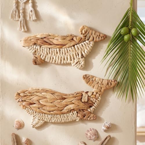 Threehoney 2 Pcs Whale Beach Wall Decor 2 Size Handmade Wicker Whale Nautical Theme Decor Hanging Ocean Coastal Wall Art Sculpture for Boho House Bathroom Bedroom Indoor Outdoor Ornament by Threehoney
