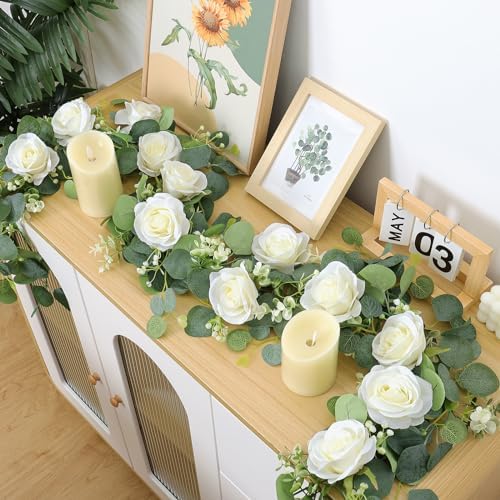 TOCHGREEN 4PCS Artificial Eucalyptus Flower Garland with White Rose Flowers - Image 6