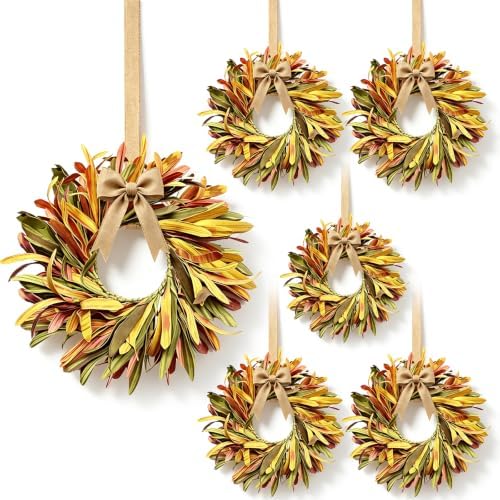 6 Pcs Small Fall Hanging Wreaths with Artificial Autumn Foliage Leaves Rustic Burlap Bow Mini Cabinet Wreath for Home Table Centerpieces Kitchen Farmhouse Thanksgiving Harvest Party Decor by EYNDYN