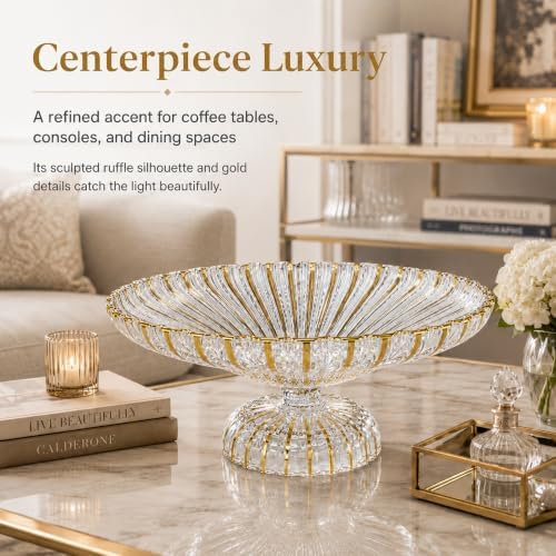 Gold Large Decorative Bowl 12'' Hand-painted Ruffle Decorative Bowl Glass Fruit Bowls Crystal Key Bowls Modern for Counter Home Decoration Table Centerpiece Kitchen Dining Room (Pedestal) - Image 5