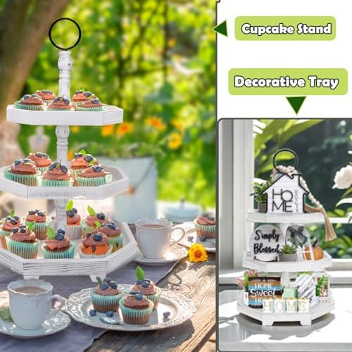 3 Tiered Tray Stand White Tier Serving Tray, Three Decorative Trays, Wooden Cupcake Stand 3 Tiered Farmhouse Tray for Home Decor(L 13.8” W 12.5” H 21.8”) - Image 7