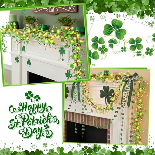 Zeyune 6 ft St. Patrick's Day Garland with Lights Green Shamrock String Lights Artificial St. Patrick's Day Clover Wreath Decorations for Home Mantel Table Wall Irish Party Decor - Image 4