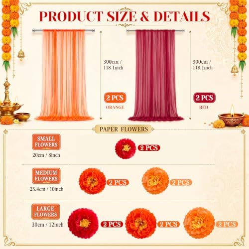 Indian Pooja Backdrop Decoration Set, Diwali Backdrop 4 Orange Red Tulle Drapes and 12 Paper Flowers, Mehndi Home Decorations for Varalakshmi, Haldi, Puja, Festival Decor - Image 4