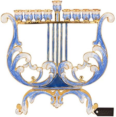 Matashi Hand Painted Blue & Ivory Harp Menorah Candelabra, Embellished by MATASHI