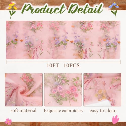 Pink Floral Table Runner 10ft Embroidery Wildflower, 10 Pcs - Image 2