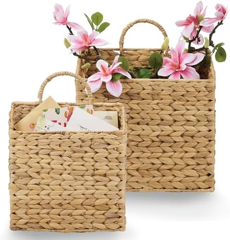 Set of 2 Wicker Hanging Basket for Organizing, Front Door, Mail, Flowers - Woven Wall Baskets for Storage by 84ECO