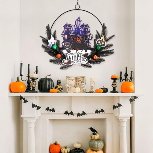 Pre-Lit Halloween Wreath for Front Door, Lighted Witch with 6H On/18H Off - Image 4