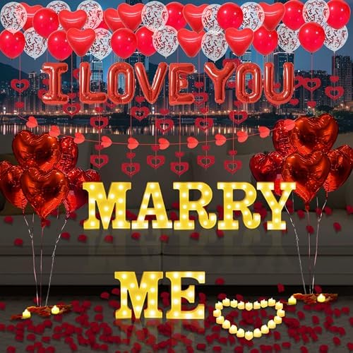 Marry Me Light Up Letters Proposal Decorations, 7Pcs 8.5" Marry Me Sign, 24Pcs Flameless Candles 2000Pcs Red Fake Rose Petals 8Pcs I Love You Letter Balloons 55Pcs Latex Heart Balloon Valentine's Day by Fezava