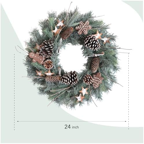 24 Inch Winter Christmas Frosted Pine Wreath for Front Door, Winter Wreath with Pine Cones Gingerbread Men Star for Indoor Outdoor, Winter Christmas Star Wreaths for Home Decor - Image 7