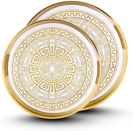 HOME ARCHIVE Round Serving Tray with with Handles Antique Look & Stylish Design Decorative Trays for Kitchen Round Ottoman Tray for Dinning Living Room & Home Decor Pack of 2 (Gold) by HOMEARCHIVE