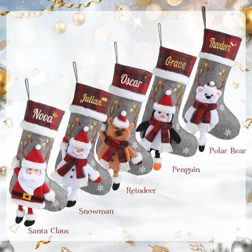 Personalized Christmas Stockings with Embroidered Name,Custom 3D Xmas Character Stocking 5 Pack 18” Large,Santa,Snowman,Reindeer & PenguinFireplace Hanging Burlap Plaid Grey Stockings - Image 5