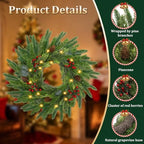 24" Real Touch Pine Christmas Wreath with Lights, with Pine Cones/Berries - Image 4