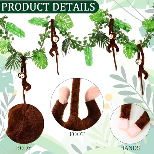 Chivao 69 Pcs Jungle Party Decoration Include 8 Hanging Plush Monkey Stuffed Animal, 10 ft Artificial Rattan, 50 Palm Leaves with 10 Fake Ivy Vine for Classroom Birthday Party Favor(Dark Brown) - Image 5