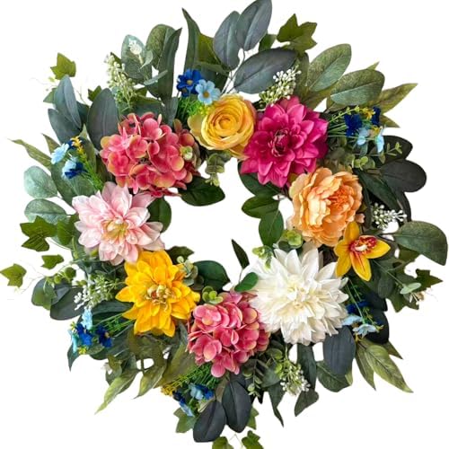 24 Inch Spring Wreaths for Front Door,Spring Wreaths,Spring Summer Door Wreaths with Yellow and Pink Dahlia Hydrangea Peony Flower Wreath for Outside Indoor Outdoor Home Porch Wall Decor by Unknown