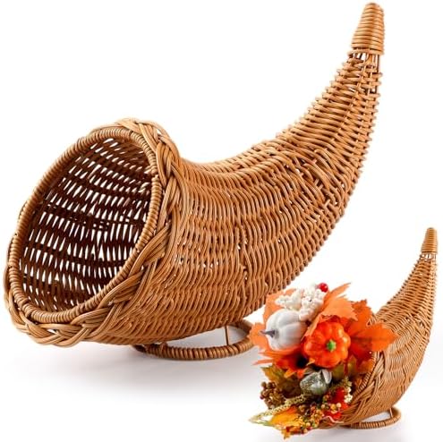 Dandat Cornucopia Basket Rattan 13.78" Horn Plenty Thanksgiving Decor by Dandat
