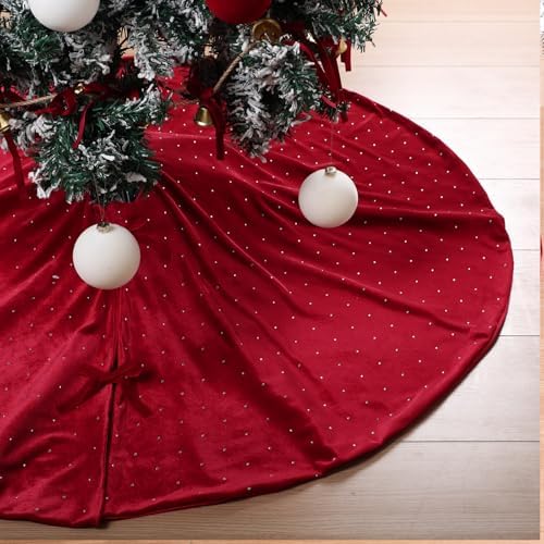 Halloscume 48" Christmas Tree Skirt Velvet Plush,Burgundy Red,Diamonds - Image 5
