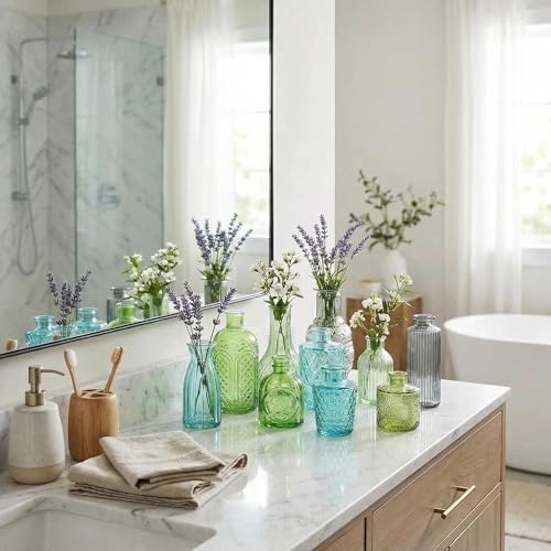 32 PCS Assorted Vintage Bud Vases, Colorful Glass Small Vases Bulk, for Centerpieces, Wedding Table Decor, Home Decorations & Gifts (Green Series) - Image 6