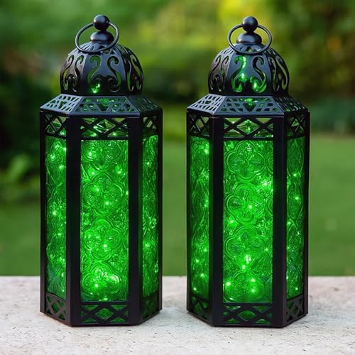 Vela Lanterns Decorative Indoor Fairy Light Candle Holder, Green, M, 2-Pack by VelaCandleLanterns