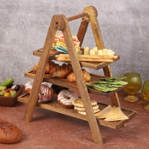 3 Tier Wooden Serving Tray Stand for Snacks Desserts Cheese Cupcakes Tiered Food Display Rack for Parties Weddings Housewarming Farmhouse Style 20.5 Inch by DREAMYWALLS
