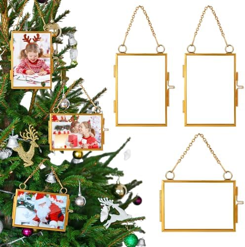 Qunclay 6 Pcs 2x3” 3x2” Christmas Brass Picture Frame Ornaments Xmas Metal Double Glass Hanging Photo Frame with Metal Chain for Christmas Tree Decorations(Gold) by Qunclay