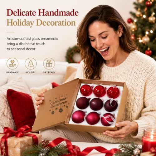 FoldTier 9pcs 3" Colorful Glass Ball Christmas Tree Ornament, Burgundy - Image 2
