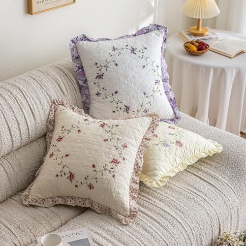 vctops Set of 2 Cotton Quilted Embroidered Decorative Square Throw Pillow Covers with Scalloped Floral Soft Cushion Case for Couch Sofa Bed (Flower E,18"x18") - Image 6