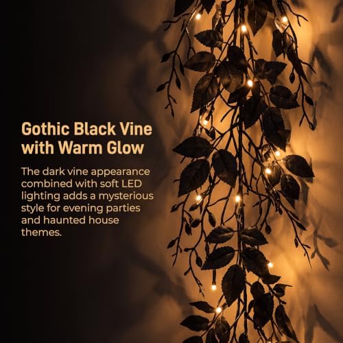 Halloween Garland with Lights, Black Vine Garland for Fireplace Mantel, Halloween Mantel Decor, Gothic Party Decoration, Flexible Indoor Hanging Decor (9 FT (2.7M)) - Image 3