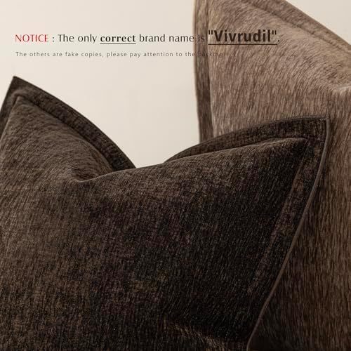 Decorative Chenille Luxury Throw Pillow Covers with Wide Edge, Textured Solid Pillowcases, Soft Velvet Cushion Cover Home Décor for Couch Sofa Living Room,18×18 Inch, Set of 2, Dark Brown - Image 3