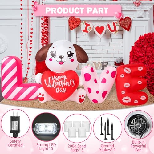 6 FT Valentines Day Inflatable Outdoor Decorations, Blow up Valentine's Day Love Dog Yard Decor with Red Heart, Built-in LED Lights Valentine Holiday Decoration for Outside Lawn Garden Wedding Indoor - Image 6