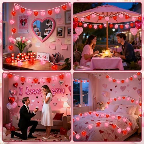 12Ft Red Pink Heart String Lights, Valentine's Day Decorations Lights Outdoor Waterproof with 20 LED Clear Heart Light with Glitter for Home Door Fireplace Windows Fence Valentines Day Party Decor - Image 6
