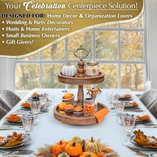 2 Tiered Tray Stand [Includes 3 Changeable Handles] - Rustic Cupcake Stand, Coffee Table Tiered Serving Tray for Kitchen Counter, Stunning Rustic Home Decor, Display Fruits, Plants, Candles (Brown) - Image 6