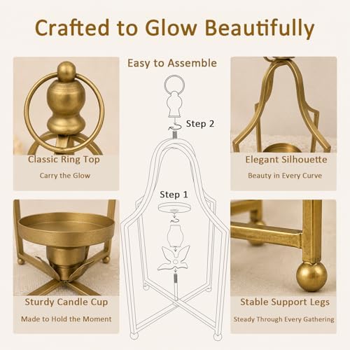 12.5" & 16.5" Timeless Cozy Decorative Lanterns Set of 2, Handcrafted Metal Iron Candle Holders, Farmhouse Elegance Fireplace Mantel Table Festive Gatherings Decor (Antique Gold) - Image 5
