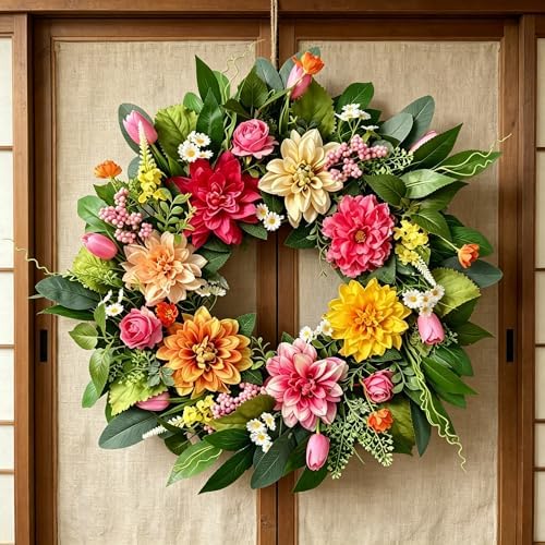 24 Inch Spring Summer Wreath for Front Door - Artificial Floral Wreath with Roses, Dahlia and Tulip Flowers and Green Leaves, Farmhouse All Season Home Decor for Indoor Outdoor Wall Porch by MEETYEHUA