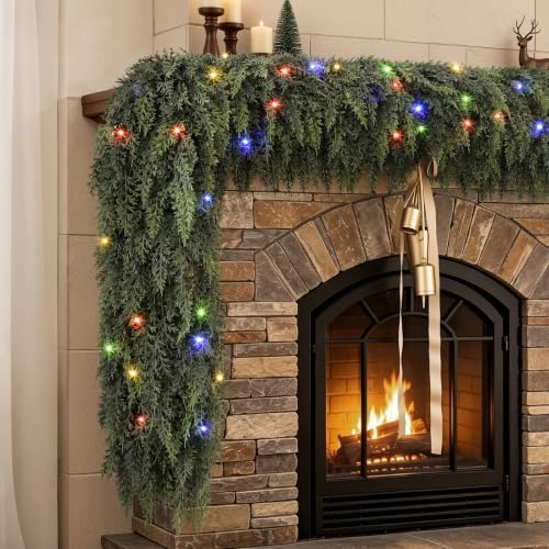 9FT Pre-Lit Cedar Christmas Garland with Lights, Real Touch Mantel Decor - Image 2