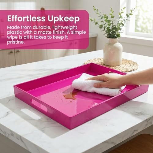 Large Decorative Tray, Rectangular Serving Tray with Handles, Plastic Coffee Table Tray for Ottoman, Living Room, Kitchen Tabletop, Rose Pink, 15.7” x 11.8” x1.6” - Image 7