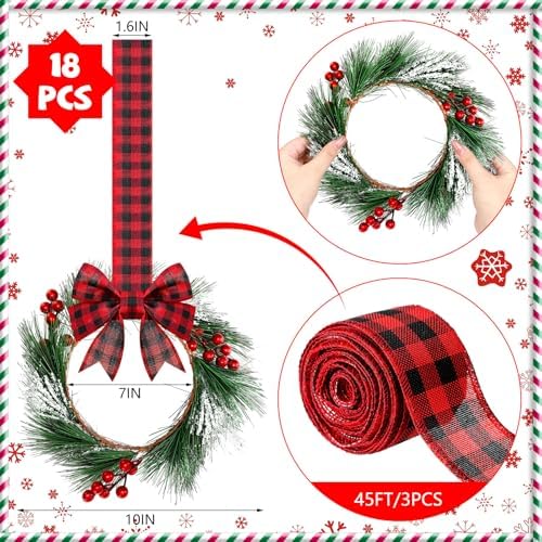 Crowye 18 Pcs Mini Christmas Wreaths Kitchen Cabinet Door, Red and Black - Image 2