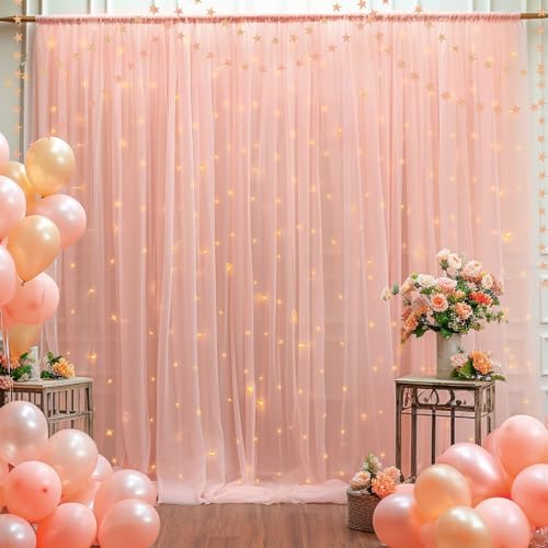 20x10ft Peach Tulle Backdrop Curtain with Lights String for Parites, Sheer Backdrop Curtains for Wedding Baby Shower Birthday Party Photo Shoot Decorations - Image 6