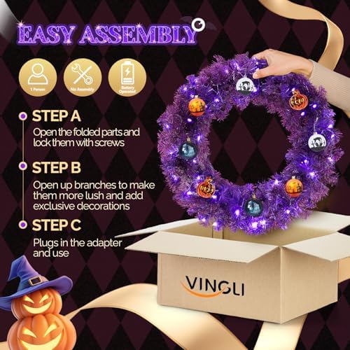 VINGLI 24 Inch Purple Christmas Wreath with Lights, Small Xmas Wreath with 50 Purple and Orange LEDs, 100 PVC Tips, Colorful Balls, Battery Operated for Halloween Easter Christmas Decor - Image 4