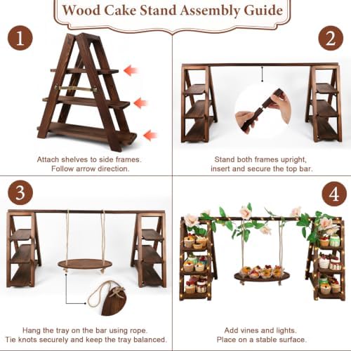 Wooden 3 Tier Cupcake Stand with Swing, String Lights, Rose Vine Decor - Image 3