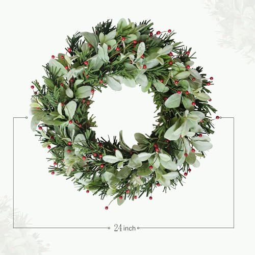 24 Inch Artificial Wreaths for Front Door, Winter Spring Decoration Wreath with Red Berry and Lamb Leaves, Evergreen Natural Wreath for Indoor Outdoor Farmhouse Festival Home Decor - Image 7