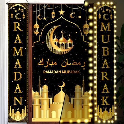 Preboun 3 Pcs Hanging Banner LED Decoration Set 71 x 35.4/11.8 Inch Lighted Backdrop and Porch Sign for Outside Outdoor Decor(Eid Mubarak) - Image 6