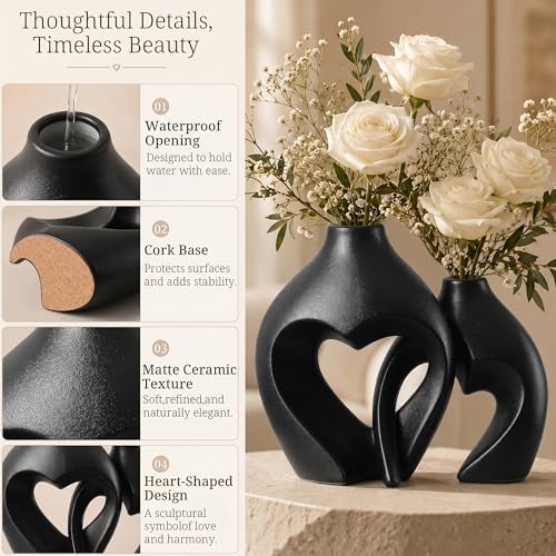 Black Vase Snuggle Hollow Ceramic Vase Set of 2 Modern Vases for Home Decor - Image 3