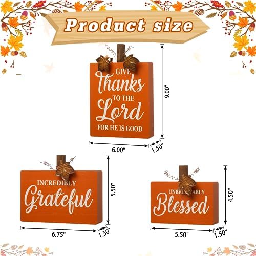 Glitzhome 3 Pack Fall Wooden Table Signs Farmhouse Thanksgiving Wood Blocks for Table Decorations Give Thanks to The Lord Thanksful Grateful Blessed Centerpiece for Tiered Tray Decor - Image 5