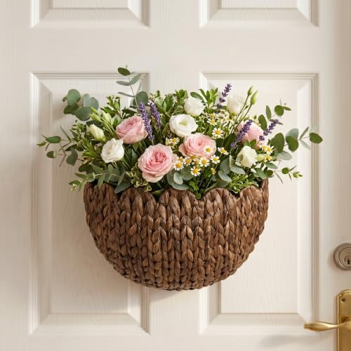 Hanging Wall Basket, Handwoven Water Hyacinth Scalloped Basket, Decorative Wall Organizer and Planter for Entryway Mail Plants Bathroom, 16" D x 10" W x 7" H,Coffee - Image 3