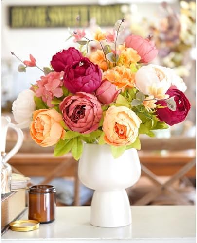 FiveSeasonStuff Peach, Coral, Cream & Burgundy Artificial Peony Set of 2 - Image 2