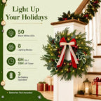 Christmas Wreath with Lights 24", Christmas Wreaths for Front Door, 50 LED - Image 4
