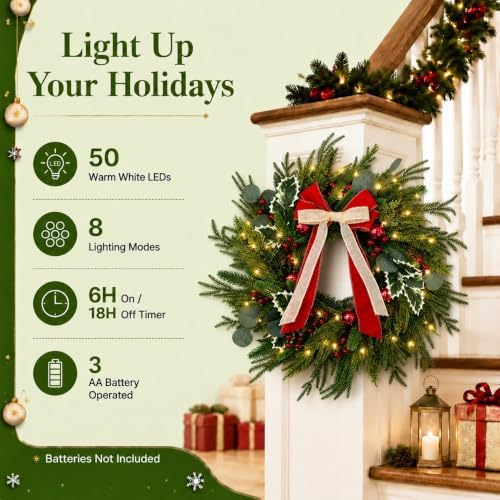Christmas Wreath with Lights 24", Christmas Wreaths for Front Door, 50 LED - Image 4